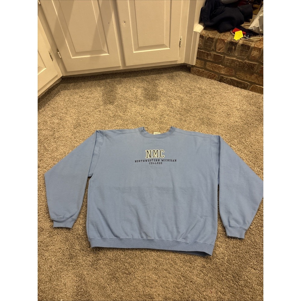 Vintage Northwestern Michigan College Hawk Owls Crewneck Sweatshirt XL Blue Rare